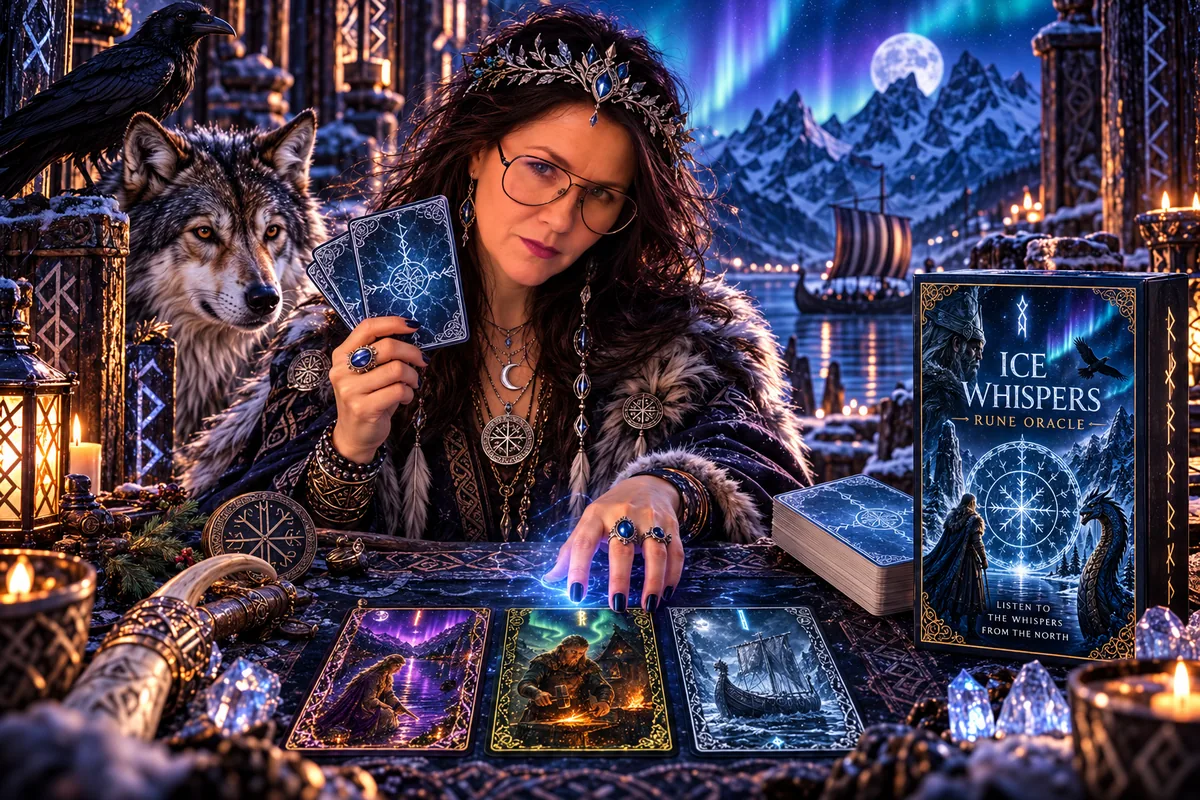 Tracy J Hoffman reading the ICE WHISPERS rune cards, with a wolf and a raven under the northern lights
